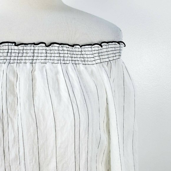 SOLD! White House Black Market Blouse White Pinstripe Off Shoulder Lined Top M - Picture 2 of 12